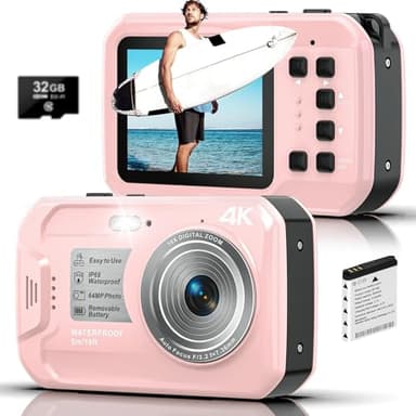 4K Underwater Camera, 64MP 16FT Waterproof Digital Camera with 32GB Card, Autofocus Floatable Waterproof Camera with IPS HD Screen, 16X Digital Zoom, Fill Light, for Surfing,Snorkeling,Swimming,Pink