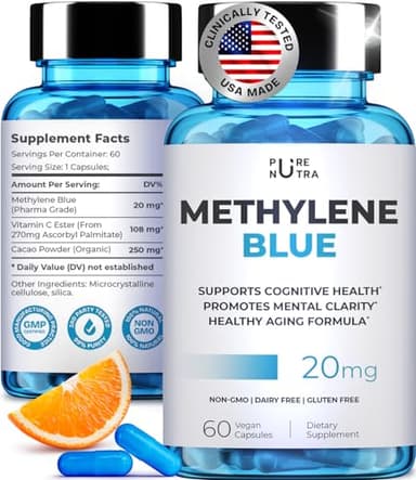 Ultimate Methylene Blue Pharmaceutical Grade 20mg (USP) Methylene Blue Capsules for Humans | Memory Supplement and Brain Booster Supplement | Focus Fuel and Memory Vitamins Energy Pills | 60 Servings