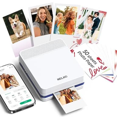 Nelko Portable Photo Printer, PP03 Color Mini Photo Printer for iPhone & Android, with 50 Sheets of Photo Paper, Bluetooth Picture Printer for Christmas, Family, Travel, White
