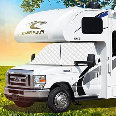 LATCH.IT RV Windshield Cover for Ford Class C E450 1997-2026 | Windshield Cover for RV Class C NOT for Transit Vans | RV Front Window Cover with Mirror Cutout & Corner Bands | Add Privacy & Protection