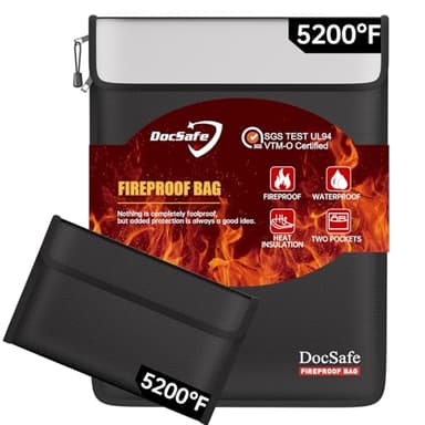DocSafe Fireproof Document Bag (5200℉) with Fireproof Organizer Travel Case,Heat Insulated Fire＆Water Resistant 8 Layers Safe Money Bag Storage for Important Documents,Cash,Power Bank,Valuables,Black