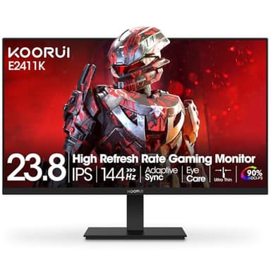 KOORUI 24 Inch Gaming Monitor 144Hz Full HD 1920 x 1080p IPS Ultra-Slim Display with HDMI VGA, Adaptive Sync, 99% SRGB, VESA 100x100mm, Eye Care, Tilt, HDMI 2.0, Black, E2411K