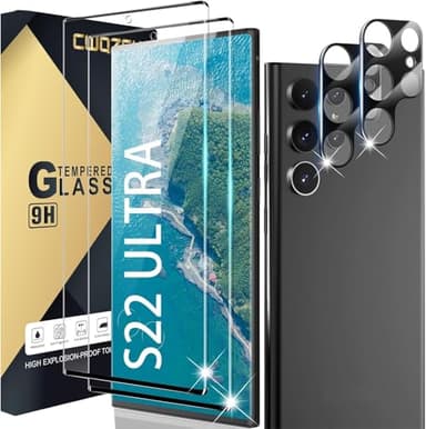 CWQZGUF Screen Protector Compatible with Galaxy S22 Ultra 5G, [2+2 Pack] Camera Lens Protector, Fingerprint Unlock Support, HD Tempered Glass, Touch Sensitive, Anti Scratch
