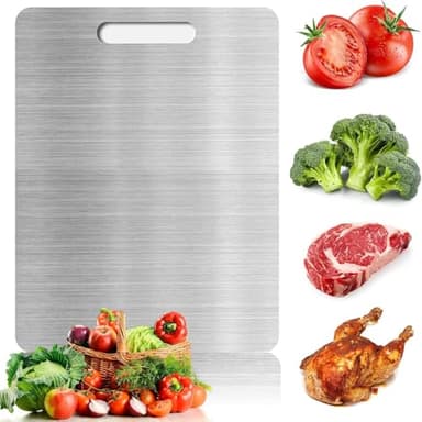 WVD Titanium Cutting Board, Stainless Steel Cutting Boards for Kitchen, Double Sided Food-Grade 304 Chopping Board for Meat, Fruit & Vegetable, Rust Resistant Hangable Cutting Board (39 * 28cm)