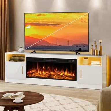 Lemberi Fireplace TV Stand with 36" Electric Fireplace, Fits TVs Up to 80", 70" LED Lit Entertainment Center, Modern High Gloss Wood with Spacious Storage Cabinet for Living Room, White