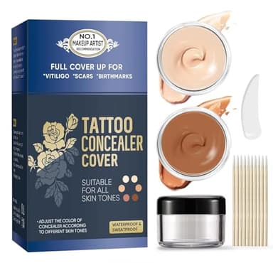 Tattoo Cover Up Makeup Waterproof, 2 Colors Tattoo Cover Up Concealer, Suitable for Tattoos, Scars, Vitiligo, Spots, Skin-friendly Nature & Invisible