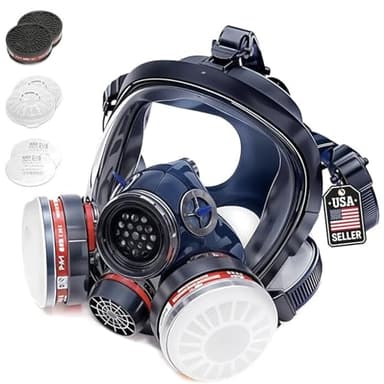 Full Face Organic Vapor Respirator - Protective Eye & Nose Shield with Anti-Fog Heavy Duty Lens & Adjustable - Chemical, & Particulate Respirator. Includes 2 Filter Cartridges - Industrial Grade