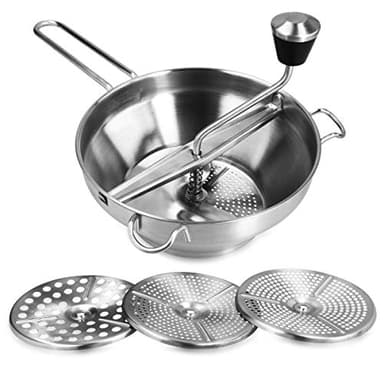 Navaris Food Mill - Stainless Steel Food Mill 1.26-Quart with Hand Crank and 3 Grinding Discs - Grind & Puree Tomato Sauce, Mashed Potatoes - or for Canning Applesauce