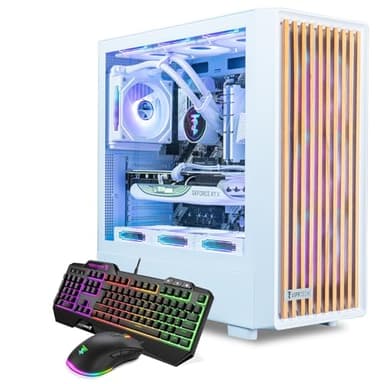 ViprTech Overlord 2.0 Liquid-Cooled PC - AMD Ryzen 7 5700X (4.6Ghz Turbo), AMD RX 9060 XT 16GB, 32GB DDR4 RAM, 1TB SSD, White Wood Case, RGB Keyboard Mouse, VR-Ready, WiFi BT, Win 11, Computer Tower