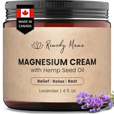 Remedy Mama Magnesium Cream for Soothing Relief & Relaxation – with Hemp Seed Oil, Jojoba, Shea & Mango Butter – Natural, Skin-Friendly & Safe for Kids – Lavender – 4oz Glass Jar – Made in Canada