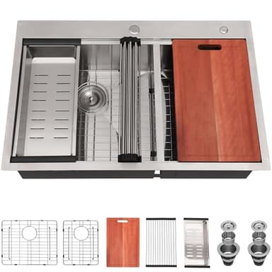 UFaucet 60/40 Double Bowl Kitchen Sink, 33x22 Inch Drop In Kitchen Sink, 33 Inch Ledge Workstation 16 Gauge Stainless Steel Topmount Double Basin with Cutting Board