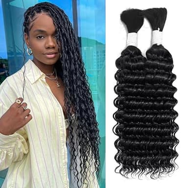 Human Braiding Hair for Boho Braids 100g 20 Inch Deep Wave Bulk Human Hair 100% Unprocessed 12A Brazilian Virgin Boho Hair for Braiding Knotless 2 Bundles/Pack Natural Color