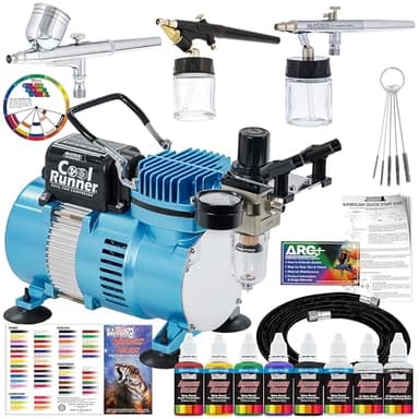 Master Airbrush Cool Runner II Airbrush Kit with Dual Fan Air Compressor, 3 Airbrushes, 6 Color Acrylic Paint Set, Cleaning Brushes & How-To Air Brush Manual, Gravity & Siphon Feed