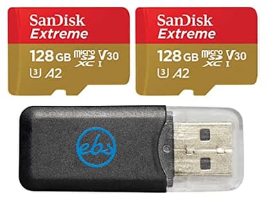 SanDisk MicroSDXC Extreme 128GB Memory Card (2 Pack) Compatible with DJI Mini 3, DJI Mini 3 pro, DJI RC (SDSQXA1-128G-GN6MN) UHS-I V30 A2 Bundle with 1 Everything But Stromboli Micro SD Card Reader