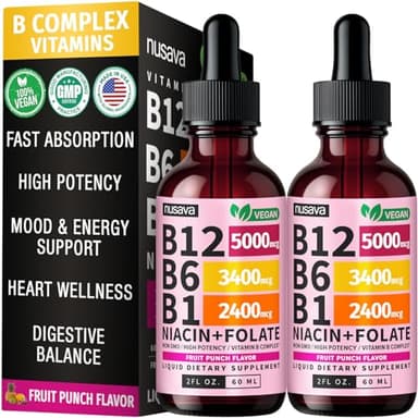 (2 Pack) Vitamin B12 and B6 Liquid Drops, B12 Sublingual Vitamin B Complex - B 12 Vitamin 5000mcg - B12 Methylcobalamin for Energy, Brain, and Heart Support with 27,200 mcg, Fruit Punch, 80 Servings