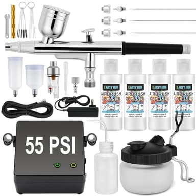 X ARTY HUB Airbrush Kit with Air Compressor, 55 PSI High-Pressure Non-Clogging Air Brush Gun with 0.2/0.3/0.5mm Nozzles & Cleaning Kit (4 * 4.05 fl oz Cleaner) - for Model Painting, Artwork & Crafts