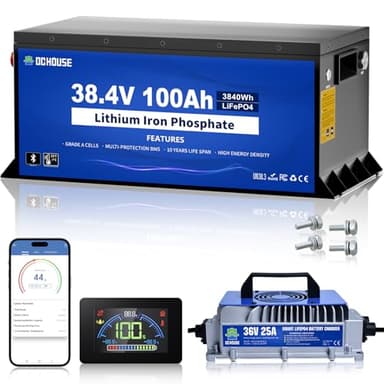 DC HOUSE Metal Case 36V 100Ah Pro Lithium Golf Cart Battery, LiFePO4 Battery with 36V 25A Charger, Bluetooth Mobile APP& LCD Monitor, 200A BMS, Peak Current 670A, Perfect for Trolling Motor, Marine