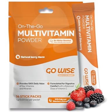Go Wise On The Go Multivitamin Powder, 14 Vegan Daily Vitamin Packets for Men & Women, Natural Berry Flavor, Gluten-Free Energy & Immune Support Supplement, Convenient Travel Vitamin Stick Packs
