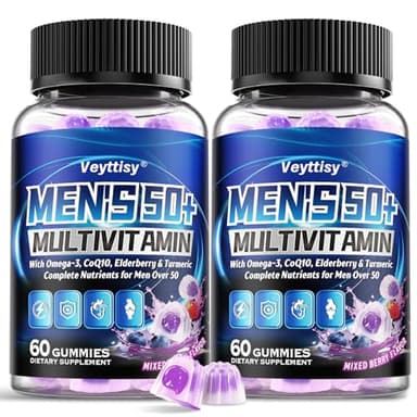 Sugar Free Multivitamin Gummies for Men 50 Plus - Methylated Multivitamin with Omega-3, CoQ10, Elderberry & Turmeric for Energy, Immune, Gut, Health Support - Vegan, Non-GMO, Gluten-Free