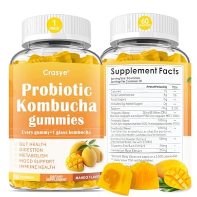 Crasye Probiotic Kombucha Gummies Sugar Free Prebiotic Postbiotic Probiotics Gummies with Slippery Elm for Women and Men Bloating Gut Health Immune and Digestive Support - 60 Gummies - 30 Servings