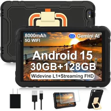 2026 Tablet 10 inch Android 15 Tablets 30GB RAM 128GB ROM 1TB Expand, 8000mAh Octa-Core Tablet with Drop-proof Case, Gemini AI, HD IPS Display, GPS, 5G WIFI, Split-screen, Widevine L1 -Metal Black