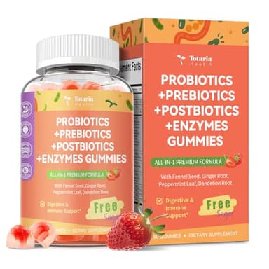 Totaria Sugar Free 5-in-1 Probiotic Prebiotic Postbiotic Gummy, 36 Strains Probiotics for Women Men with Digestive Enzymes, Peppermint, Complete Immune, Gut & Digestive Support, Vegan, 60 Counts