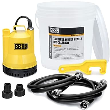 6699 Tankless Water Heater Descaling Flush Kit Includes Submersible Utility Pump with Adapters 3 Gallons Pail with Bucket Lid Opener and Two 3/4" GHT X 6FT PVC Black Hoses Easy Installation to Clean