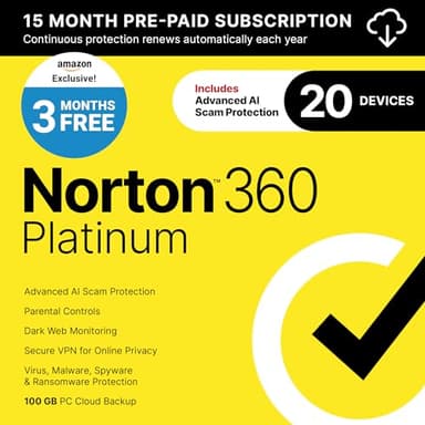 Norton 360 Platinum 2026 Ready, Antivirus software for 20 Devices with Auto-Renewal – 3 Months FREE - Includes Advanced AI Scam Protection, VPN, Dark Web Monitoring & PC Cloud Backup [Download]