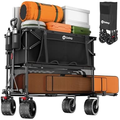 Sekey 500LBS Heavy Duty Double Decker Wagon with Extender, 400L Large Capacity Collapsible Garden Cart Fits 10x10 Canopy, All-Terrain Big Wheels with Brakes, Foldable Utility Wagon for Sports, Camping