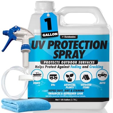 UV Protection Spray for Outdoor Surfaces – Helps Reduce Fading, Cracking, and Stains – Non-Greasy, Matte Finish – Includes Sprayer & Towel – Use on Vinyl, Plastic, Rubber, Artificial Plants