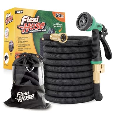 Flexi Hose Plus Expandable Garden Hose with 8 Function Nozzle, 50FT - Lightweight Retractable Garden Hose, Water Hose - No-Kink Flexibility, 3/4 Inch Solid Brass Fittings Includes Hook & Bag