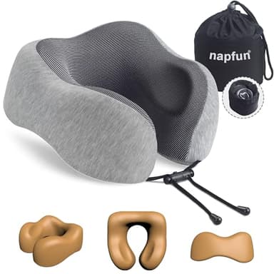 napfun Neck Pillow for Traveling, Upgraded Travel Neck Pillow for Airplane 100% Pure Memory Foam Travel Pillow for Flight Headrest Sleep, Portable Plane Accessories, Light Grey