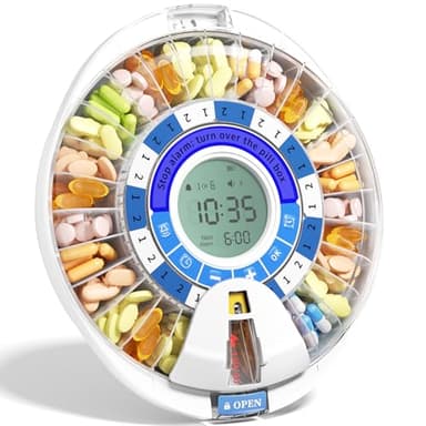 Betife 2nd Gen Automatic Pill Dispenser for Elderly with Alarm – 28 Slots, Key Locked, Alarm & Light Reminder, Mix-Proof, XL Display, 6 Dosage Rings，Easy Setup for Daily Medication
