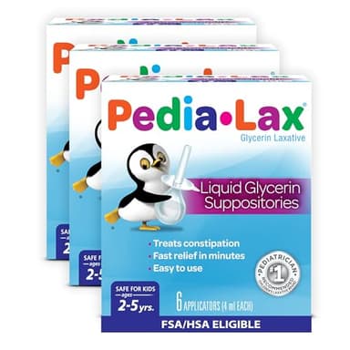 Pedia-Lax Liquid Glycerin Suppositories for Kids Ages 2-5, Gentle Constipation Relief Laxative for Children, 6 Count, Pack of 3