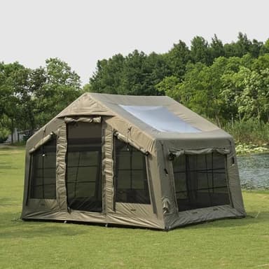 Roveity Inflatable Tent for Camping 3-5 Person Large Inflatable Cabin Tent with Skylight Hand Pump Stove Jack Air Tent Blow Up House for Luxury Family Camping