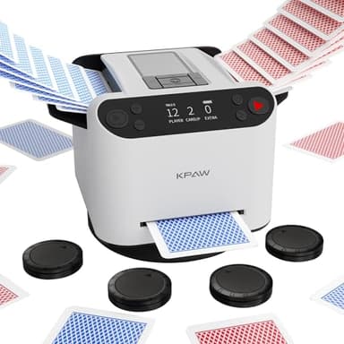 KPAW Automatic Card Shuffler and Dealer - 1-2 Decks Support 12 Players, 4 Drawing Remotes, Auto Post-Shuffle Deal, Consecutive/Random Dealing, for Poker, Blackjack, UNO, Phase 10, Five Crowns (White)