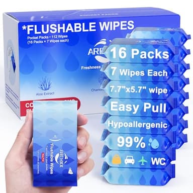 ARCHXX Travel Flushable Wipes for Adults & Kids, 112 Count (16 Packs of 7), Value Pack, Unscented & Hypoallergenic, Travel Essentials, Mini Wet Wipes with Aloe Vera, 99% Water, for Sensitive Skin