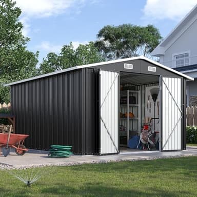 Breezestival 10x12FT Outdoor Storage Shed, Metal Garden Shed with Lockable Double Doors & Sloping Roof, Weather-Resistant Tool Shed for Backyard, Patio, Poolside Black