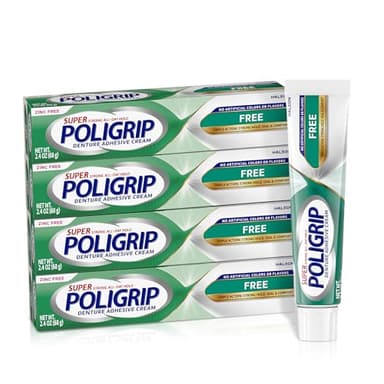 Poligrip Free Denture Adhesive Cream, Strong All-Day Hold, Food Seal, Comfort, Clinically Proven, Flavor-Free, Zinc-Free, 2.4 oz (4 Pack)