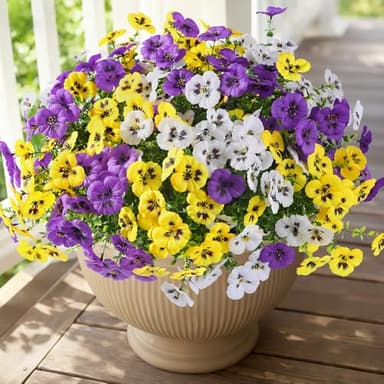 Alupssuc 24 Bundles Artificial Flowers for Outdoors, Fake Spring Flowers for Decoration, UV Resistant Realistic Pansies with Eucalyptus Silk Faux Flowers for Porch Patio Yard, Purple Yellow White