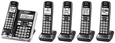 Panasonic Link2Cell Bluetooth Cordless Phone System with Voice Assistant, Call Block & Answering Machine, Battery Powered, Expandable Home Phone with 5 Handsets â€“ KX-TGF575S (Black with Silver Trim)