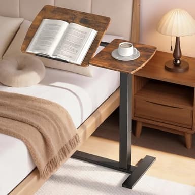 Sakugi Overbed Bedside Table with Wheels, Height Adjustable Laptop Desk, Hospital Bed Table with Tilt Top, Rolling Bed Tray for Home & Office,27.6" L x 12.9" W x 29.1"–39" H, Brown
