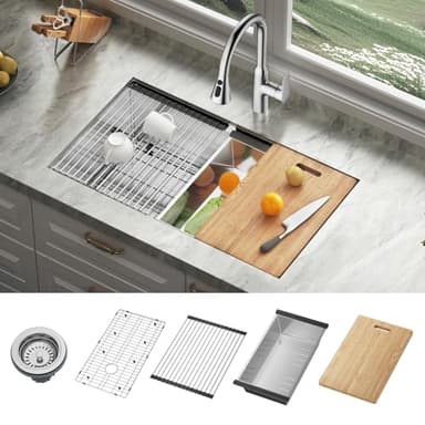 JOMOO 32‑Inch Brushed Stainless Steel Workstation Sink, 10″ Deep Single Bowl Undermount Kitchen Sink Set with Accessories