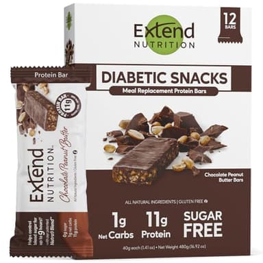 Extend Sugar Free Protein Bars, Perfect Diabetic Snacks, High Protein and Fiber, Hunger Control & Steady Energy, Low Carb, Keto Friendly (12 Count, Chocolate Peanut Butter)