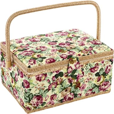 ZOOFOX Large Sewing Basket, Vintage Wooden Sewing Box with Removable Tray, Rose Floral Print Design Sewing Kit Storage Box for Sewing Mending, Beginner, Professional, No Accessories
