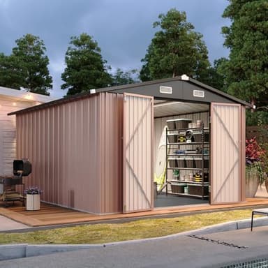 Aoxun 10x12 Shed with Brown Floor Galvanized Steel Outdoor Storage Shed Metal Garden Shed with Moisture-Proof Floor & Ventilation, Sloped Roof for Bike/Generator/Tool Storage (Brown Floor Included)