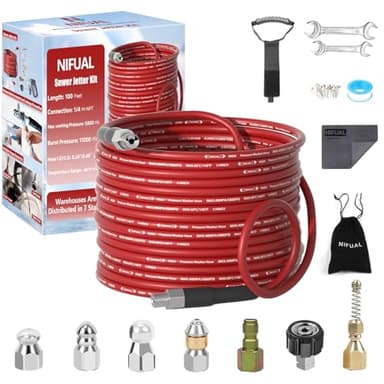 NIFUAL Sewer Jetter Kit for Pressure Washer,100FT 5800PSI Pressure Drain Cleaner 1/4 Inch NPT Corner Rotating and Button Hose Sewer Jetting Nozzle for Homeowners & DIYers