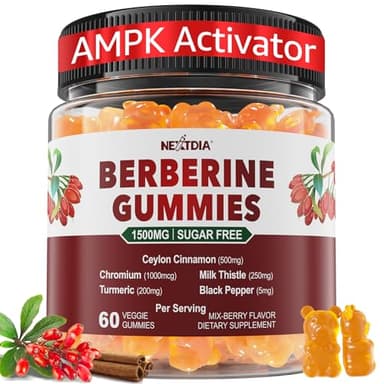 Berberine Gummies Supplement 1500mg, Natural GLP-1 Support + Ceylon Cinnamon, Chromium, Milk Thistle, Turmeric, AMPK Activator for Women & Men, Berberine HCl from Indian Barberry, Sugar Free, 60 Count