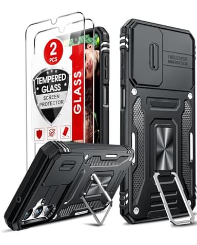 LeYi Compatible for Samsung Galaxy A14-5G Phone Case: Galaxy A14 Case with [2 Pack] Tempered Glass Screen Protectors, Magnetic Stand & Slide Camera Cover Funda para A 14 5G Android Cell, Black