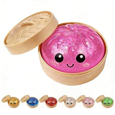 Dumpling Squishies, Glitter Dumpling Mystery Box, Colorful Dumplings Stress Balls Toy, Stocking Stuffers with Food Steamer Stretchy Desk Toys (Glitter Pink)
